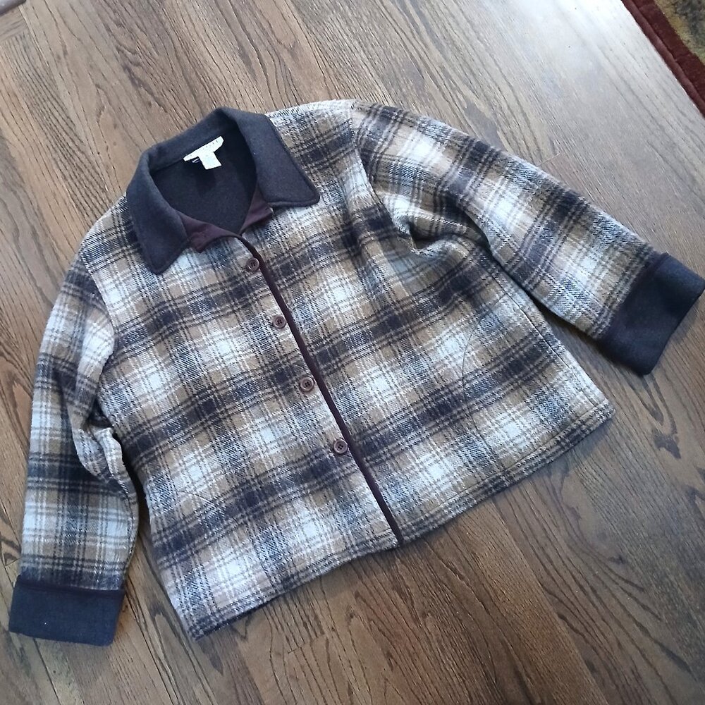 Maggie McNaughton Womens 1X Brown Plaid Wool Blend Jacket Pockets Cabincore